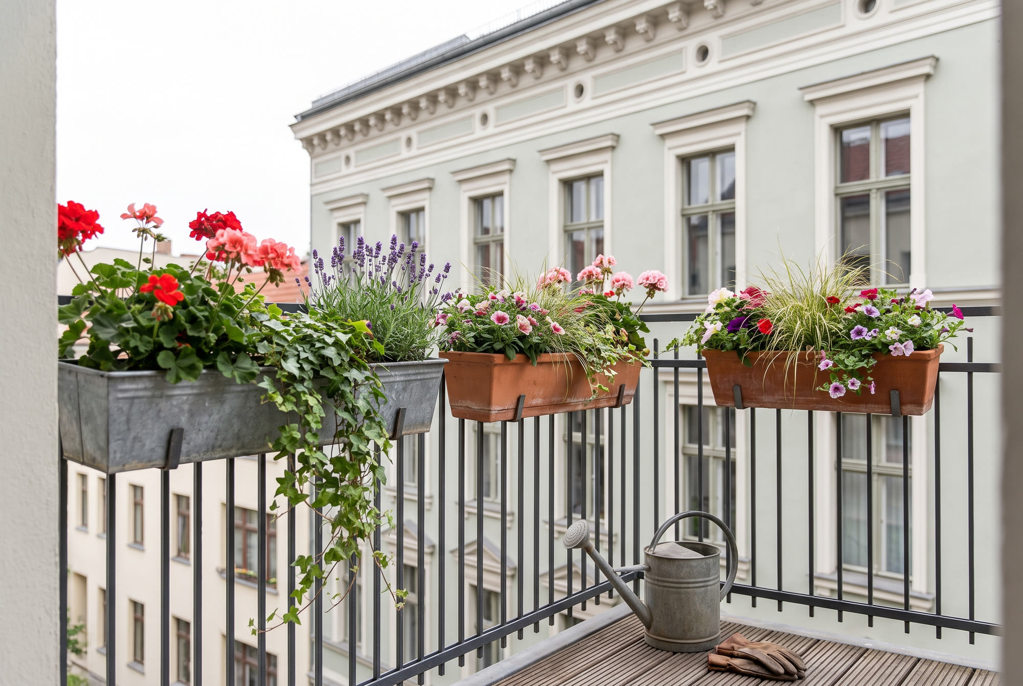 Bepflanzte Balkonkästen mit Geranien, Lavendel und Gräsern