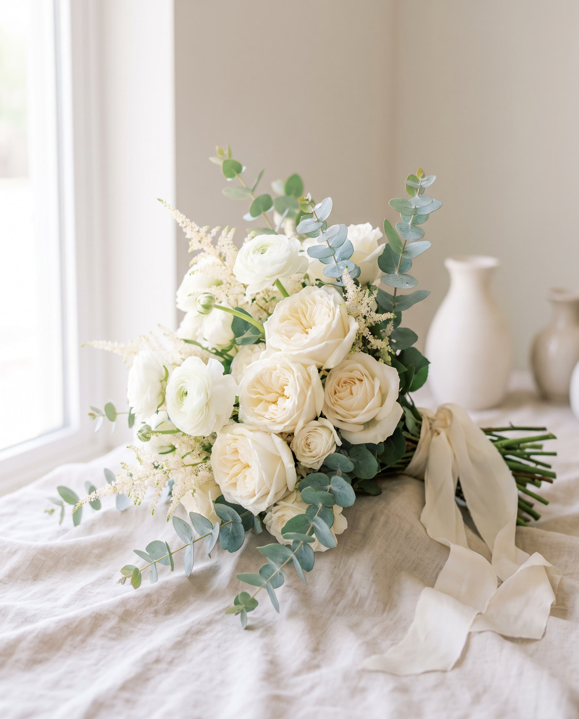 Brautstrauß aus cremefarbenen Rosen und Eukalyptus auf Leinen