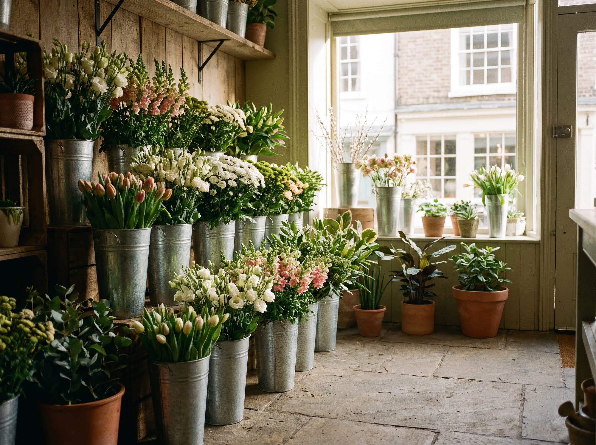 Blumeneimer mit frischen Schnittblumen entlang einer Ladenwand